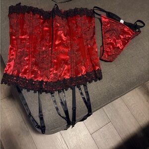 Elegant Red and Black Lace Corset Set